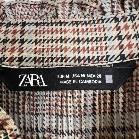 Zara Long Sleeve Plaid Houndstooth Academia Style Tie Neck Blouse - Picture 4 of 7